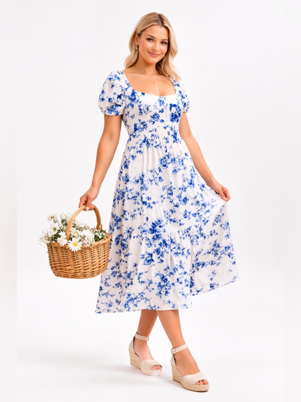 Max + Ash NWT Blue Floral Midi Dress Smocked Cottagecore Women’s Size M